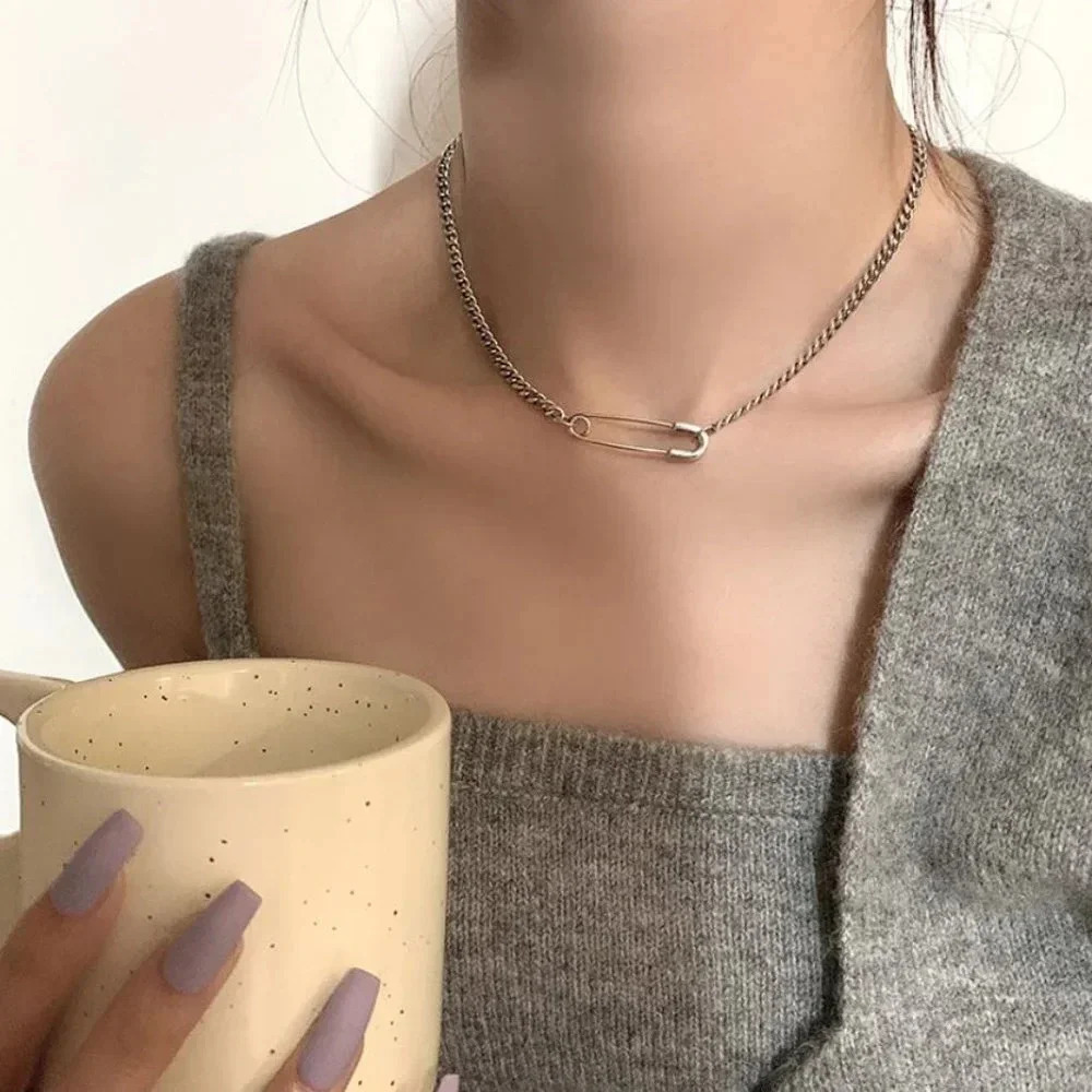 925 Sterling Silver Paperclip Chain Link Necklace Safety Pin Minimalist Necklace